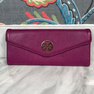 Tory Burch Continental Wallet Leather Zip Around Clutch Plum Purple‎ 7.5x4